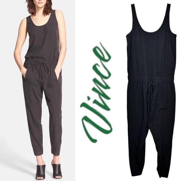 VINCE 100% Silk Lightweight Sleeveless Jumpsuit Black, Size 0 - Picture 8 of 12